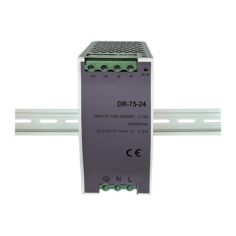 DR 75W 12V 24V 48V DC Ayarlanabilir Ray Tipi Küçük Hacimli Anahtarlamalı Güç Kaynağı Transformatörü Çıkış Gerilimi 1.6A 3.2A 6.5A