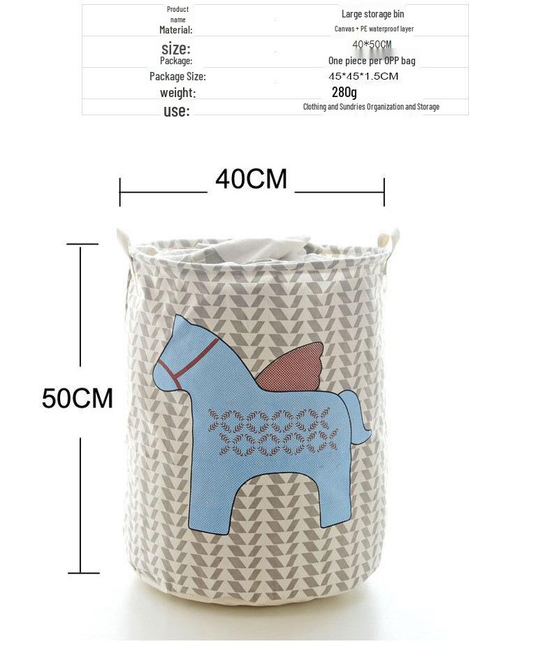 Nordic Cartoon Horse Cotton Linen Laundry Basket - Large Folding, Waterproof Storage for Clothes and Toys