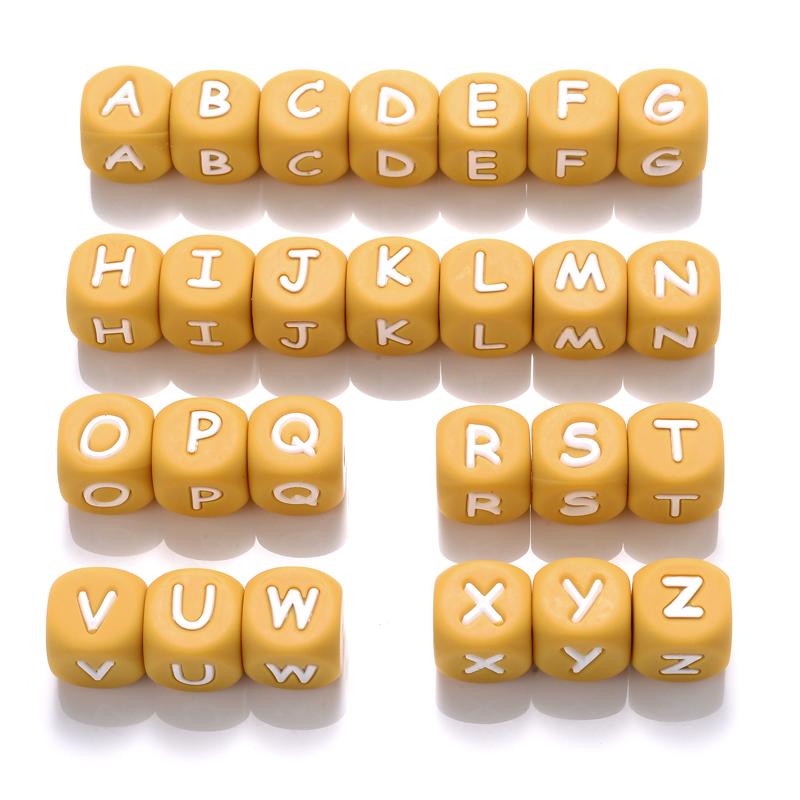 50pcs 12mm White+Gold Silicone Letters Beads Baby Name Teething Teethers English Alphabet Bead for Chew Nursing Shower Gifts