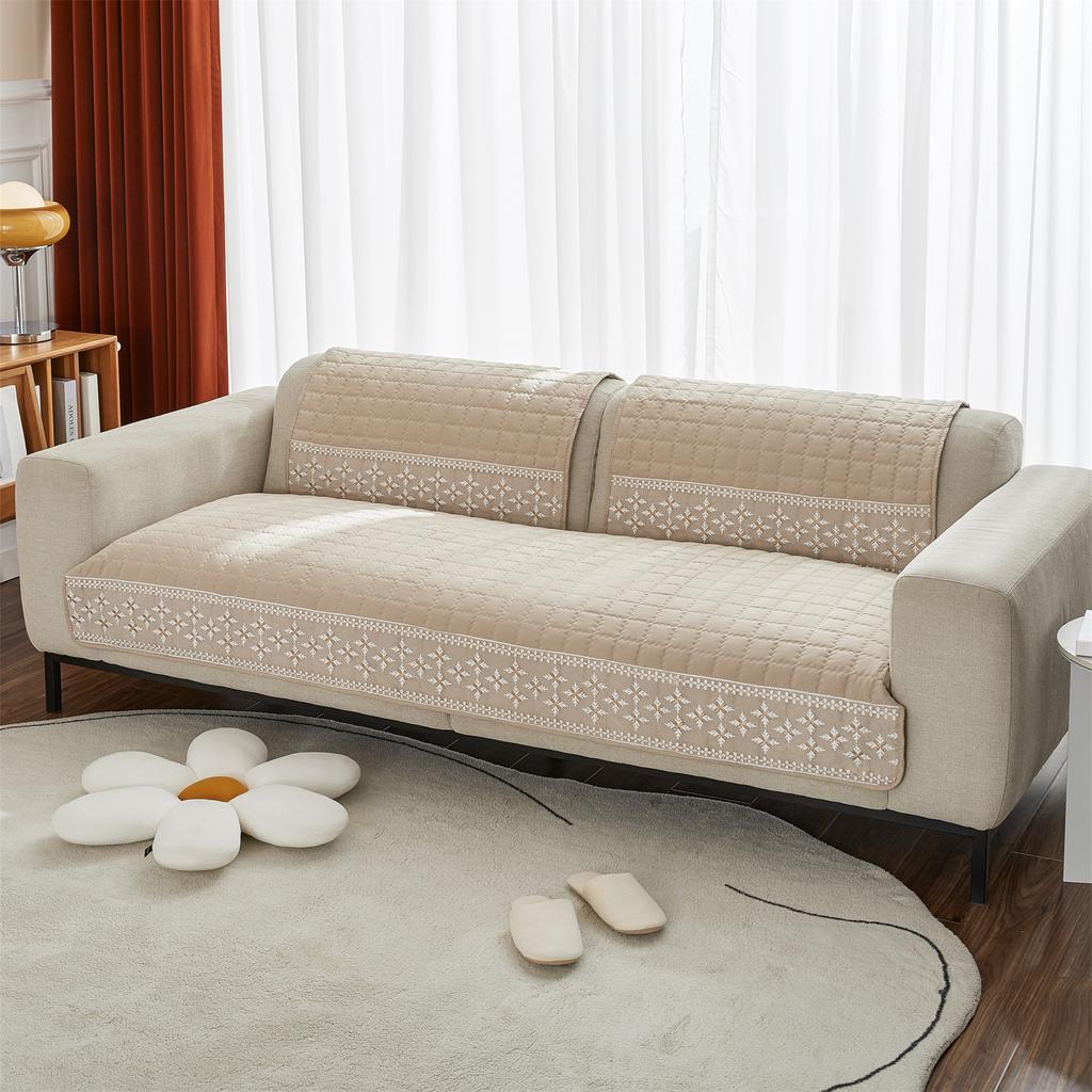 1Pc Waffle Quilting Four Season Anti-Slip Sofa Cover With Snowflake Lace Decor, Couch Seat Cover Blanket Modern Living Room