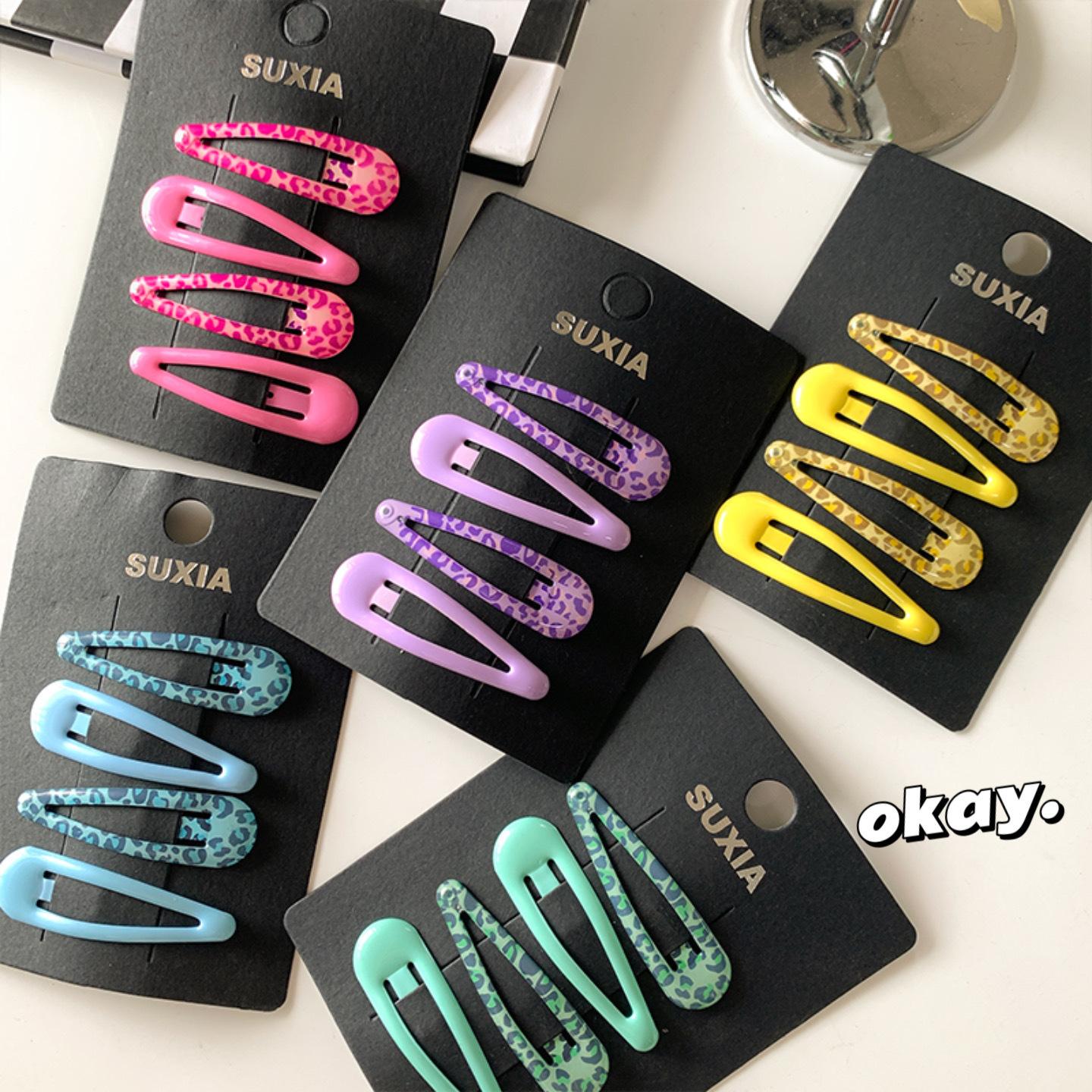 

4pcs/set New Resin Leopard Print Hair Clips Fashion Korean Water Drop BB Snap Clips for Flyaway Hair Side Part Claw Clips Other рожевий