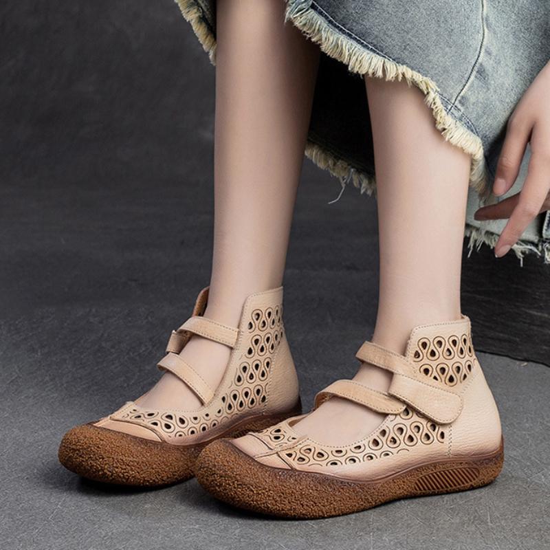 Johnature Hollow Breathable Sandals Genuine Leather Retro Soft Sole Comfortable Versatile Women's Shoes