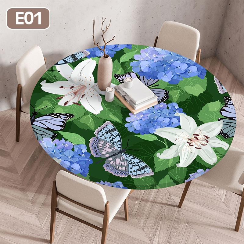 Floral Printed Tablecloth Round Elastic Fitted Edged Dining Table Cloth Waterproof Outdoor Picnic Coffee Tea Table Cover