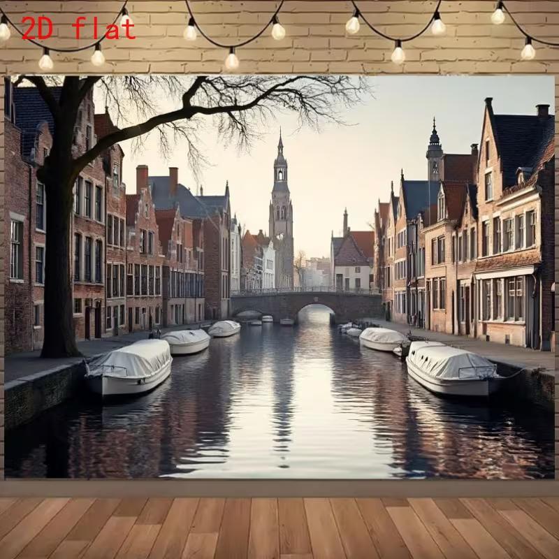 

2D Dutch Canal Houses Tapestry, Amsterdam Style Canal Street with Boats and Church Tower Print Photo Banner 47.2x31.5inch/120*80cm