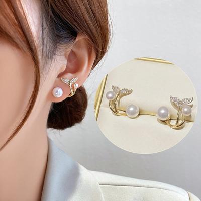 1Pair Korean Imitation Pearl Flower Stud Earrings Ladies  Elegant Jewelry Everyday Party Fish Tail Earrings With Pearl