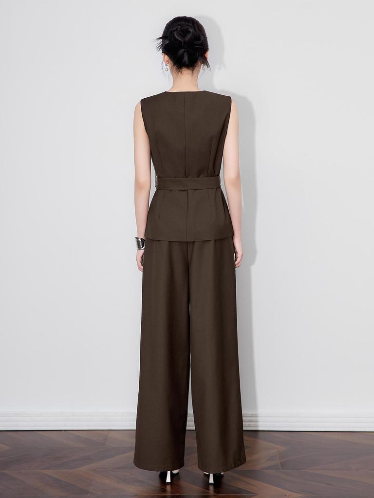 Elegant Silver Buckle Vest & Commuter Wide-Leg Pants Set for Women - Autumn Collection