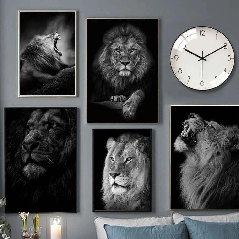 Nova pintura em tela de arte moderna nórdica animal pôster de leão preto e branco pintura de parede de escritório sala de estar decoração de casa mural sem moldura