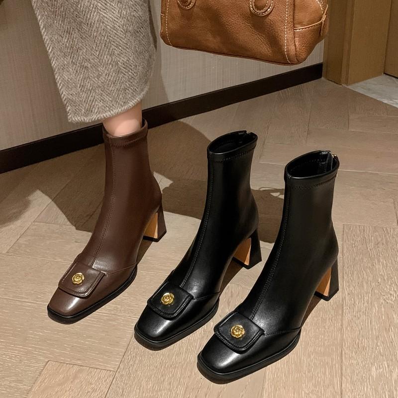 Fashion New Women's High Quality Zipper Design High Heels Womens Boots Trend Metal Decoration Casual Party Autumn Women's Ankle Boots