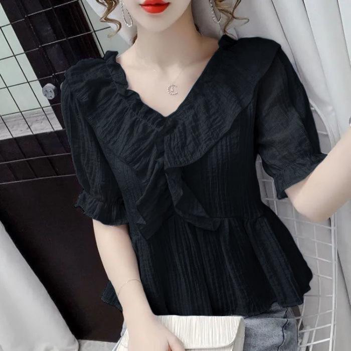 Women's Summer French V-neck Ruffle Puff Sleeve Top – Versatile and Fashionable