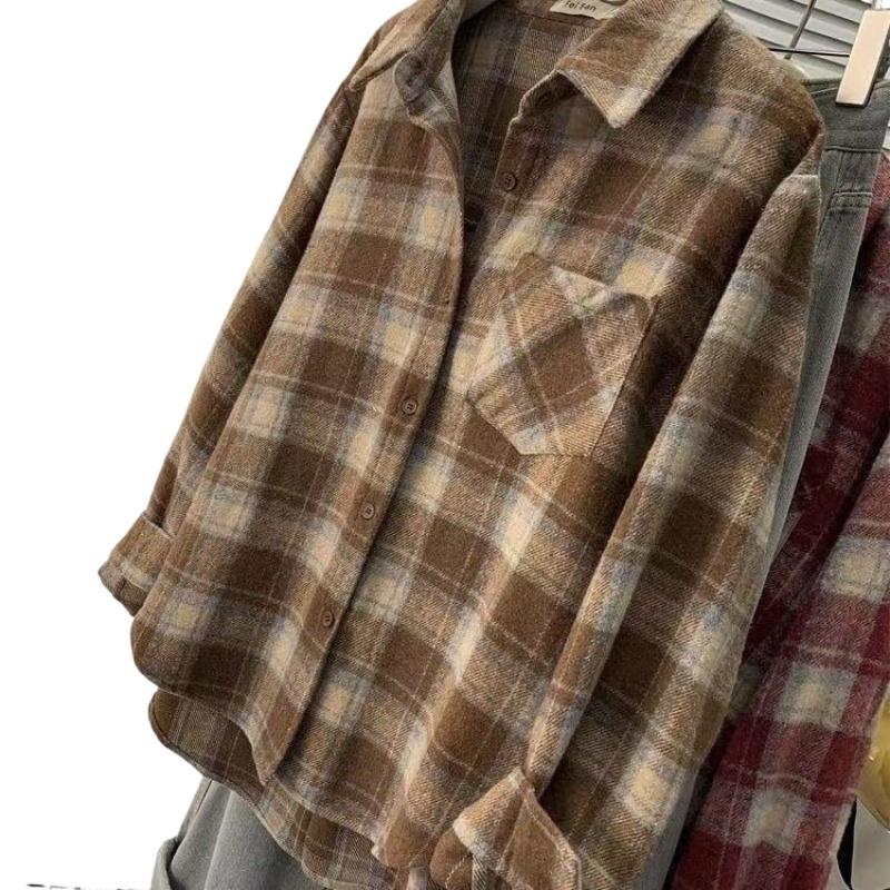 Taschen Dekorative Damen Karohemd Pendler Vielseitig Revers Langarm Bluse Herbst Frau Einreihig Trendiger Cardigan