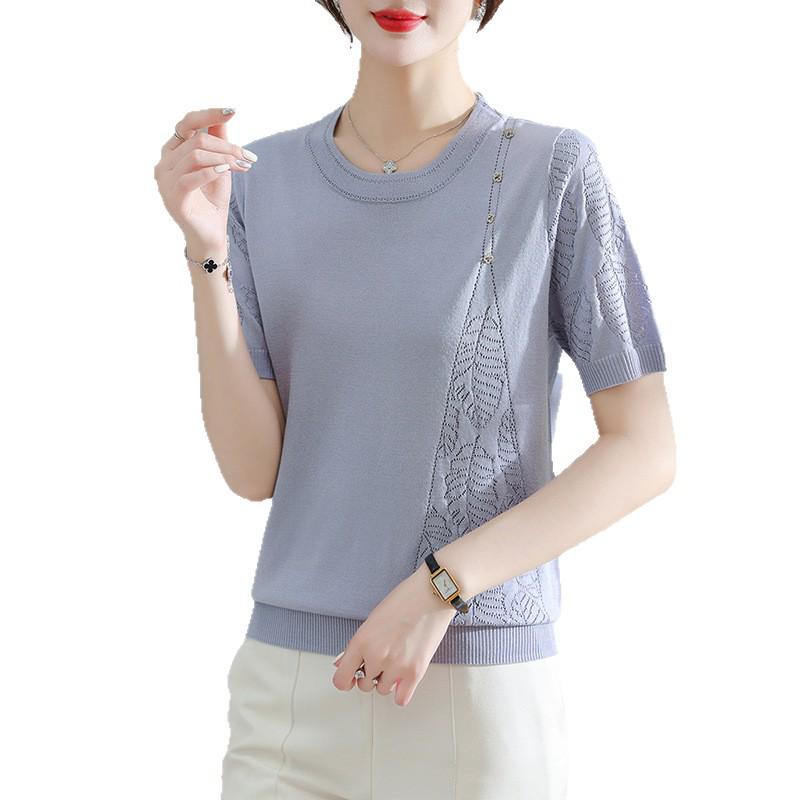 Mom's Summer Ice Silk Short-Sleeve Top for Middle-Aged Women