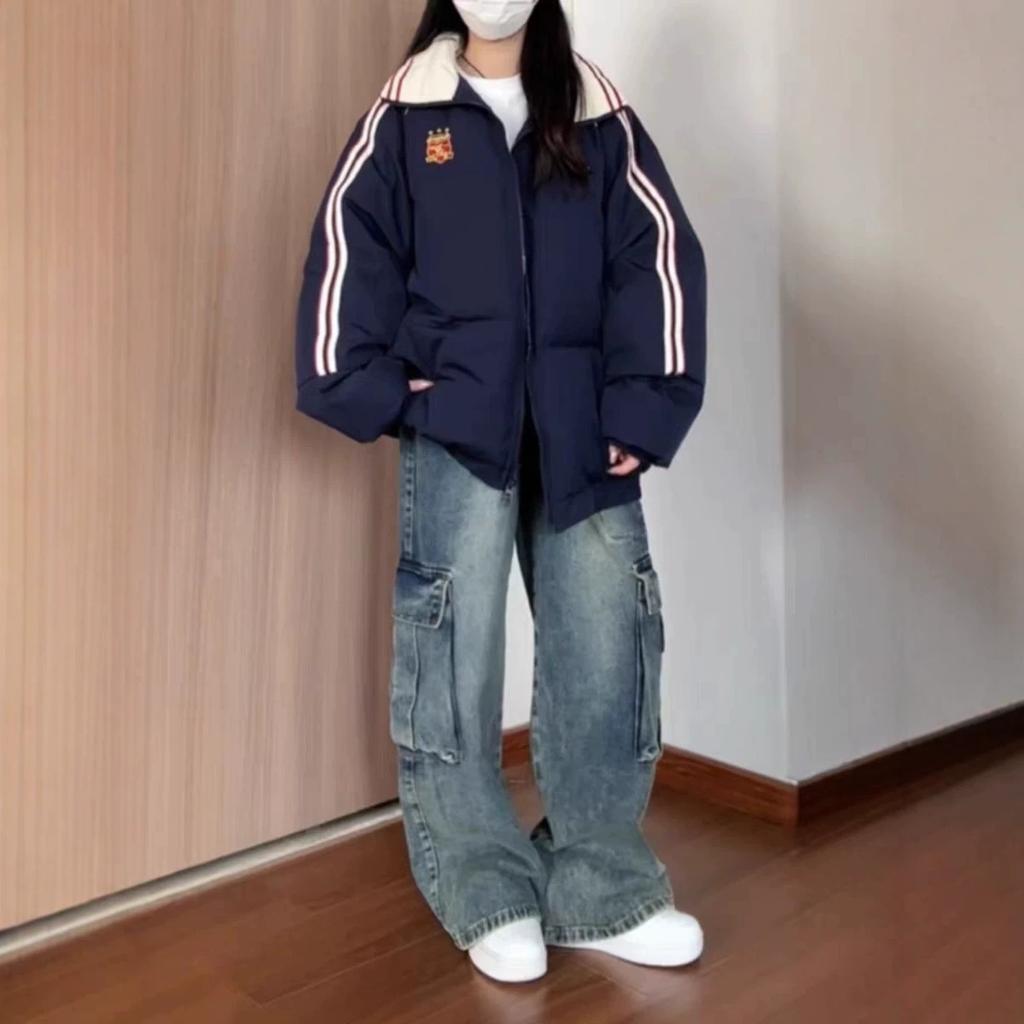 American retro embroidery label lapel cotton jacket female student winter loose versatile thickened bread clothes tide