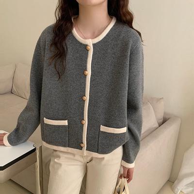 Spring and Autumn New Round Neck Contrasting Edge Pockets Loose and Thin Fashion Versatile Knitted Cardigan Sweater Women