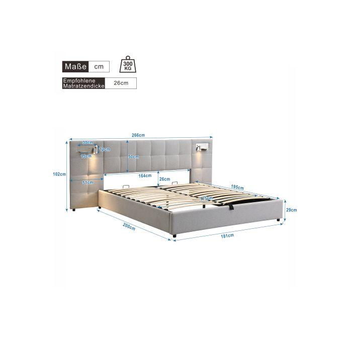 Lit hydraulique - MUVOE - 180 x 200 cm - Port USB - Chargeur sans fil - Lumière intégrée