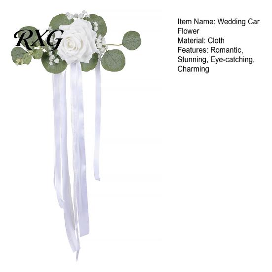 Décoration de Voiture Résistante aux Intempéries Fleur pour Poignée de Porte de Mariage avec Lien Ruban et Feuilles Vertes, Kit Artificiel Blanc Abordable Bouquet Rose pour Rétroviseur Arrière