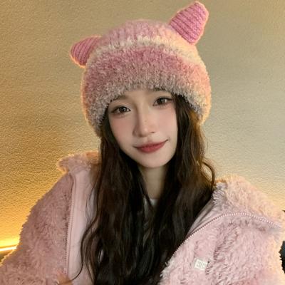 Cute Three-Dimensional Ears Wool Hat Women'S Season Thickened Warm Ear Protection Knitted Hat Student Pullover Hat