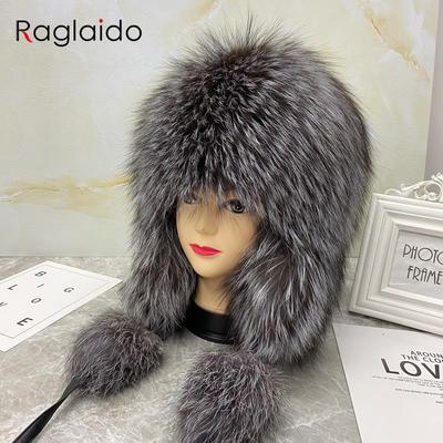 New Fluffy Soviet Hat Real Fox Fur Hats for Woman Winter  Octopus Bomber Earflap Knitted Ball Fashionable Flap Cap Mongolian Hat