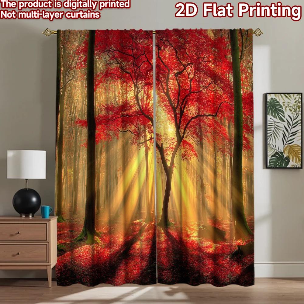 2D Flat Printing 2pcs Scene Curtains Autumn Forest Rays Digital Printed Polyester Drapes Family Party Decoration Perfect for