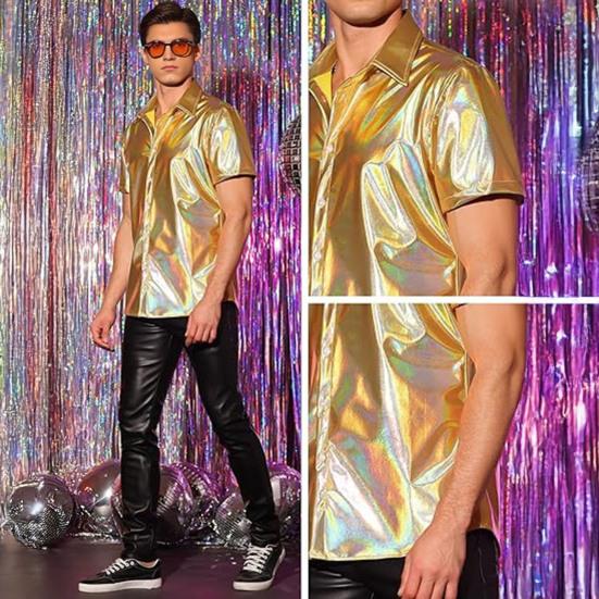 Pánská lesklá metalická košile s krátkým rukávem s klopou, zapínací na knoflíky, třpytivý disco outfit pro pódiové vystoupení, noční klub, taneční párty, bar
