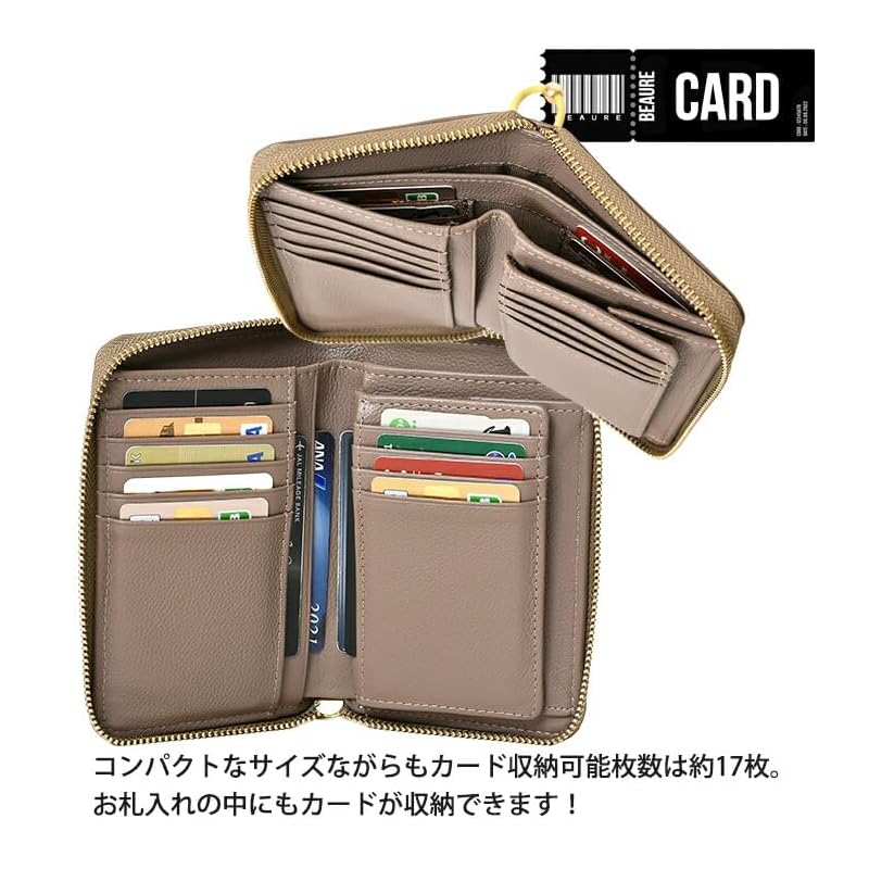 [BEAURE] [Vuret] B-24097 genuine leather short wallet middle wallet round zipper bi-fold with hand strap ladies silver