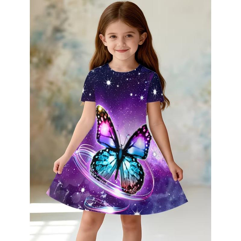Dress for Girls Sequin Butterfly 3D Printed Short Sleeve Dress Summer Loose Girls' Casual Dress Round Neck Hot Sale Girl Clothes