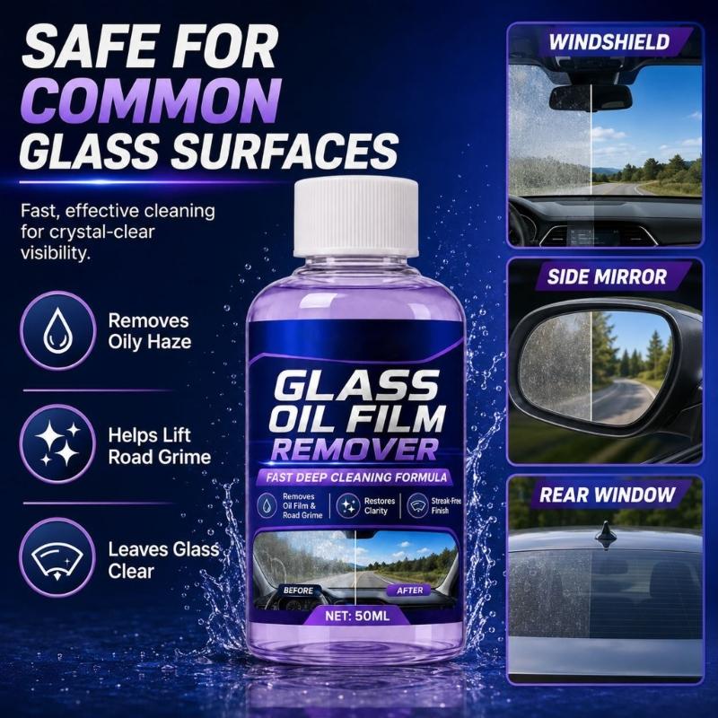 Car Glass Oil Film Cleaner with Towel, Liquid Care for Rain Traces, Water Spots and Grime Buildup on Window Glass, Mirrors and Windshields