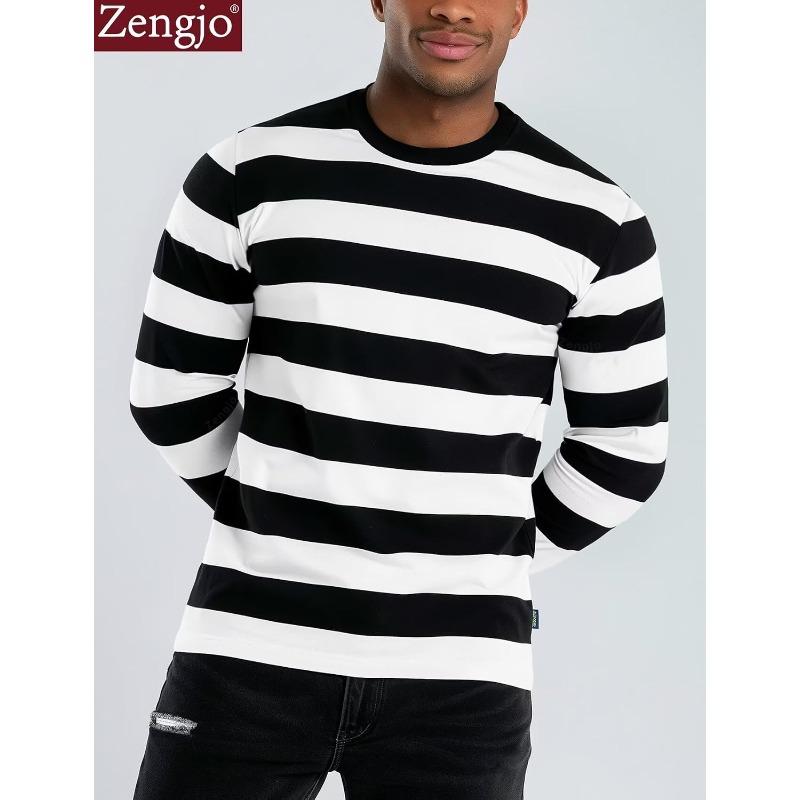 Zengjo Herren Lässiges Baumwolle Spandex Gestreiftes Rundhals Langarm T-Shirt Basic Pullover Streifen T-Shirt 5XL black