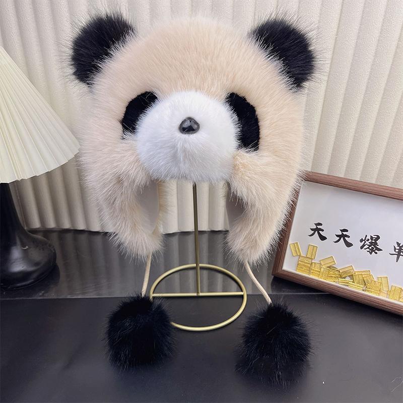 Faux Mink Fur Cap Plush Panda Hat Winter Women'S Ear Protection Hat Fashion Bomber Hat Outdoor Thicken Furry Wind Snow Caps