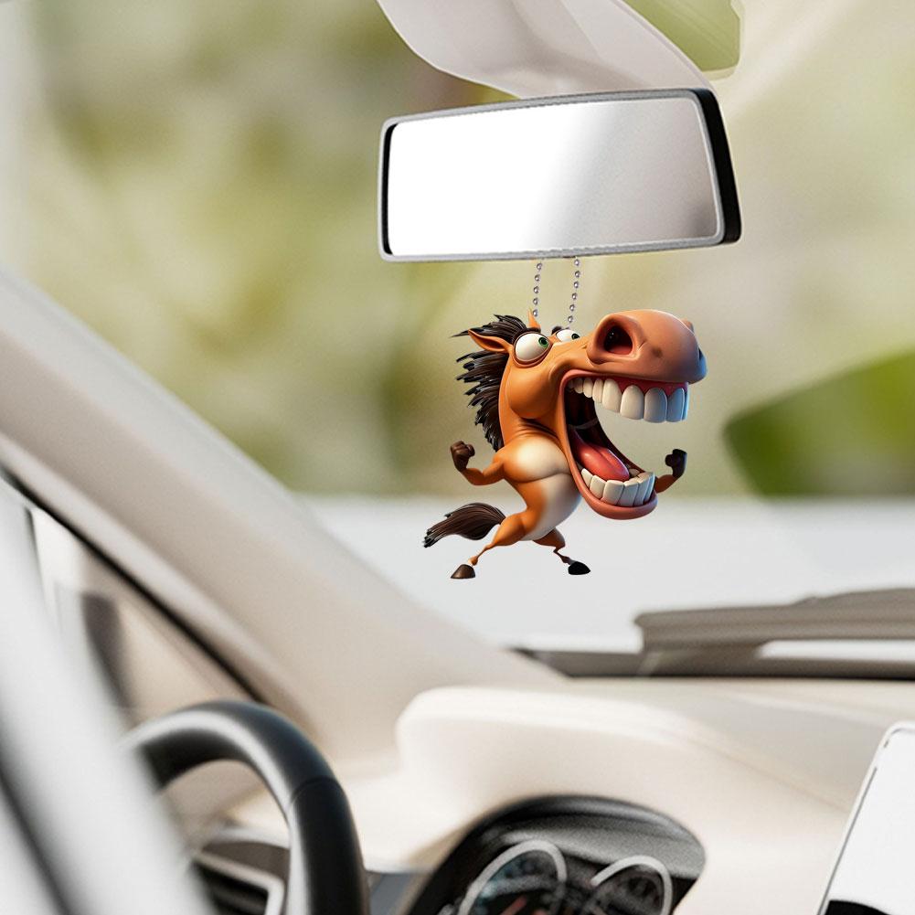 2D Funny Big Mouth Horse RearView Mirror Pendant Auto Interior Car Realistic Animal Hanging Ornament Car Interior Accessories