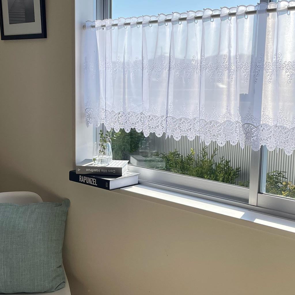 INTERIX Embroidered Lace Cafe Curtain for Small Made In 155cm Wide X 60cm Windows, Japan, Long, Aster, White, CF3-155-60