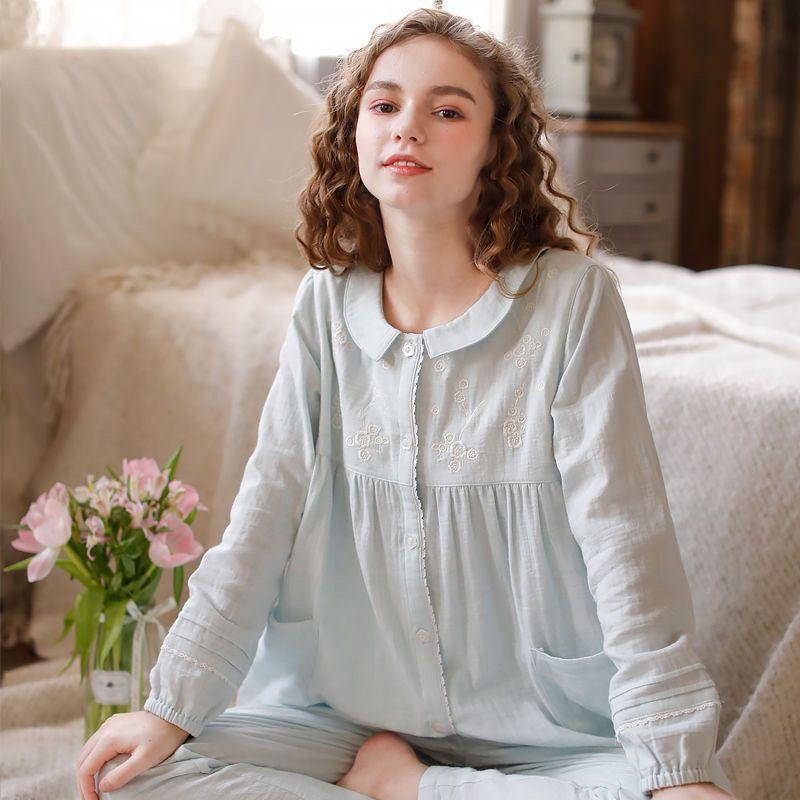 Süße japanische Prinzessin bestickte Heimkleidung Damen-Schlafanzug Langarm Frühling Herbst Reine Baumwollgaze Dünnes Loungewear-Set