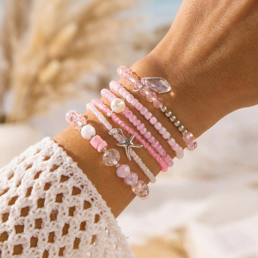 Boho Pink Starfish Shell Beaded Bracelet Set for Women Multilayer Rice Beads Stretch Stacked Bangle Summer Beach Party Jewelry