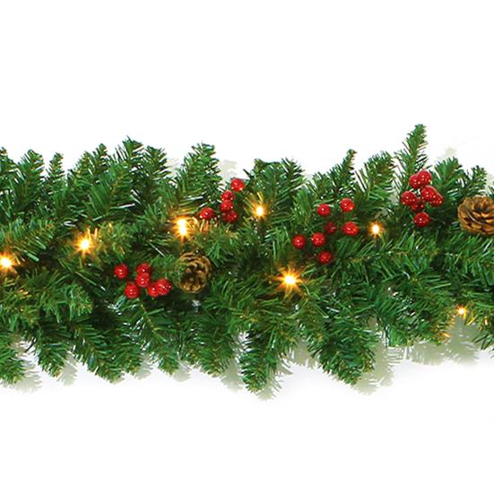 Yousheng 270CM Christmas Artificial Pine Garland with LED Light Red Berries Pinecone Glowing Faux Pine Needle Rattan Mantle Fireplace Porch Hanging