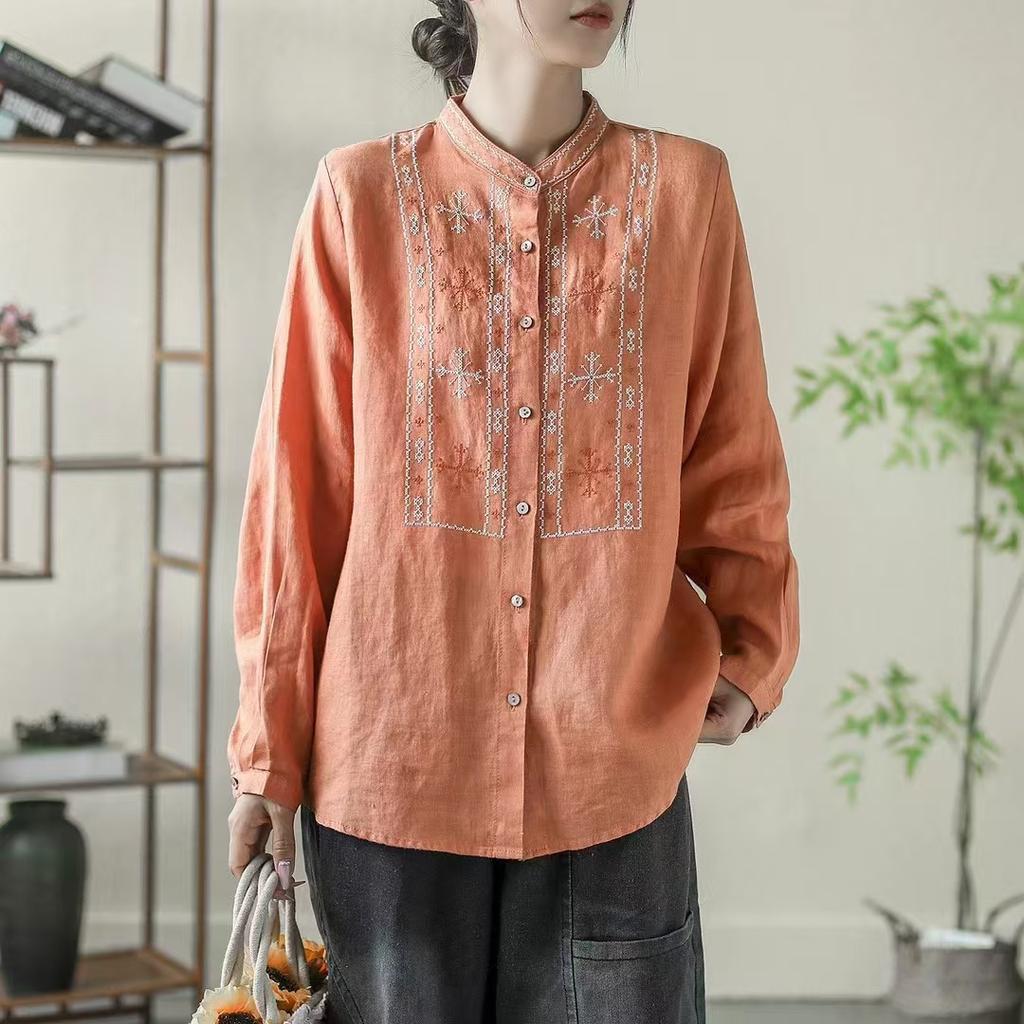 Johnature Cămașă vintage cu broderie de nișă de toamnă pentru femeie, cămașă cu mâneci lungi, cu un singur piept.