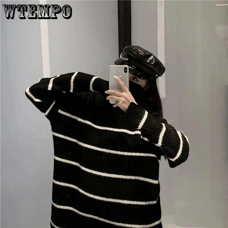 Dámský dlouhý svetr s rolákem Černobílý pruh Volný pletený pulovr Střední délka Teplý Streetwear styl Svetr Podzim a Zima