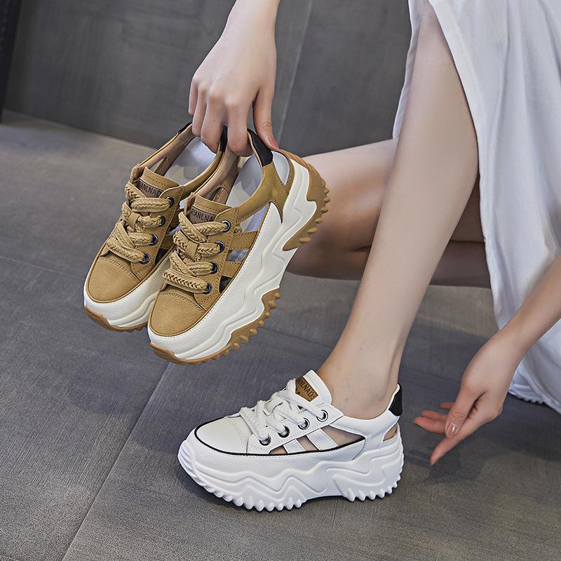 Small inner height increase dad shoes women's versatile leather hollow platform sandals women's breathable casual sports shoes