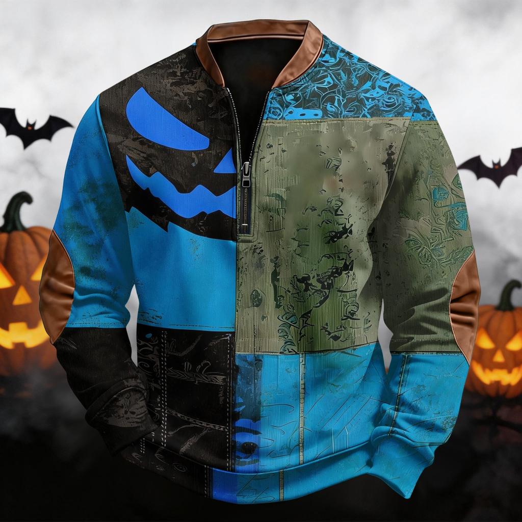 Men's Casual Retro Half Zip Long Sleeve Sweatshirt with Halloween Print
