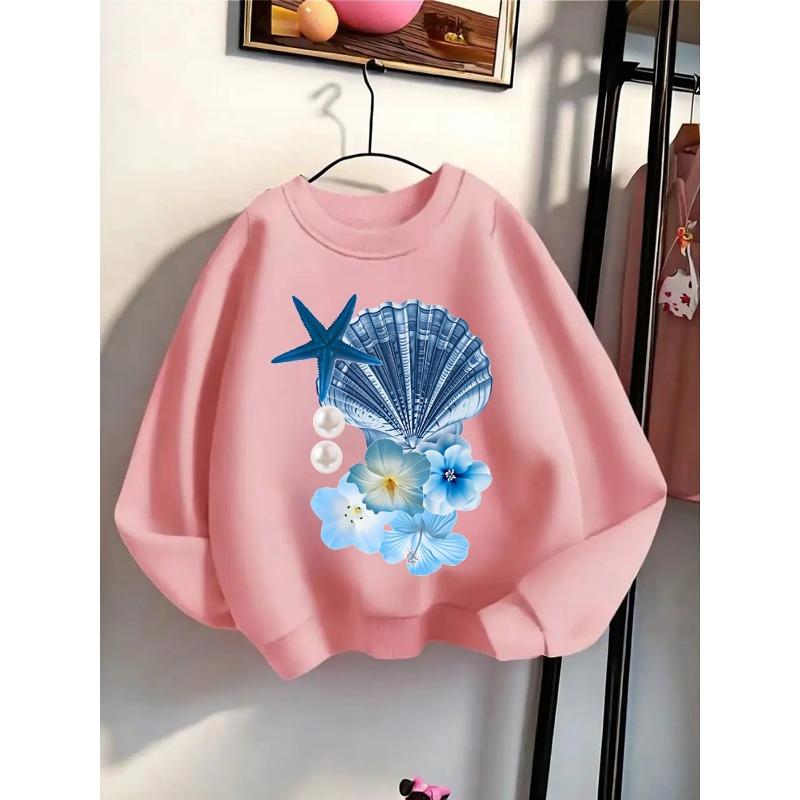 Girls' Crewneck Sweatshirt - Blue Starfish Shell Pearls Flowers Machine Washable, Spring And Autumn