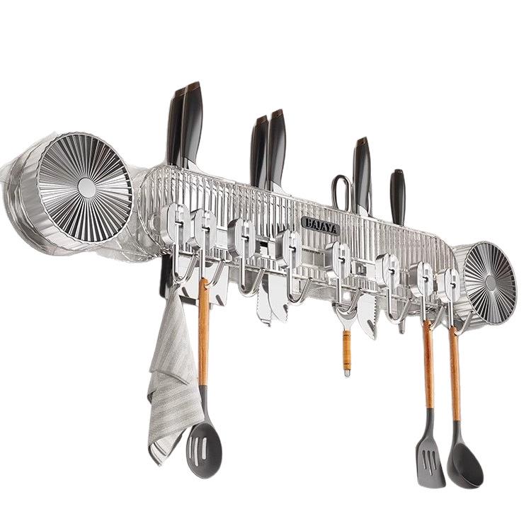 Nástěnný úložný stojan na kuchyňské nože a náčiní s přísavkami a háčky bez nutnosti vrtání