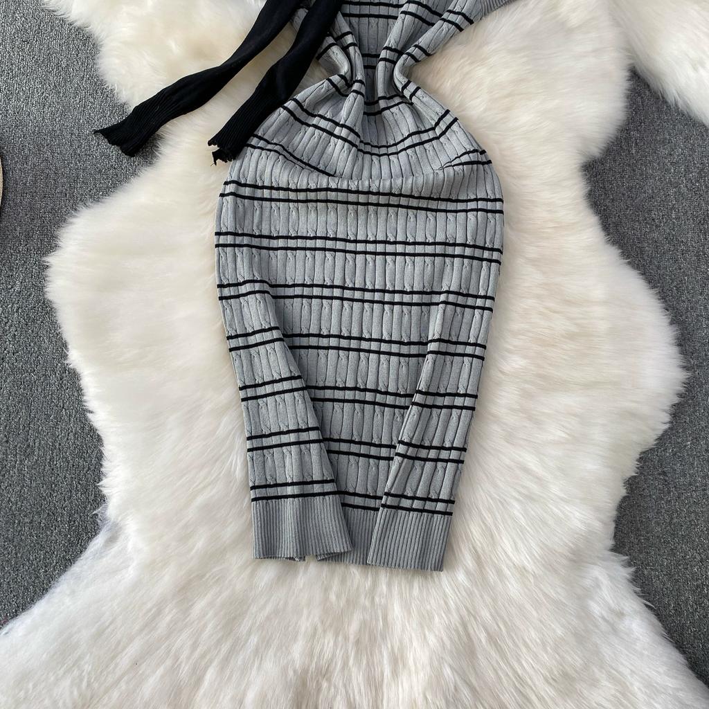 Sommer Damen Casual Kurzarm Gestreifter Strickpullover Mini Etuikleider mit Schal