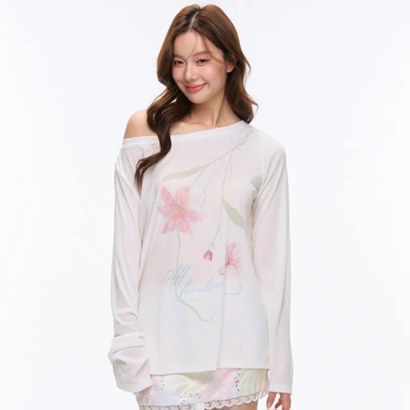 Women Summer Watercolor Floral Off Shoulder Sheer Long Sleeve Top S белый