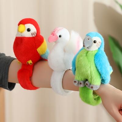 Cute Parrot Plush Wristband with Snap Closure. Colorful Bird-shaped Wearable Toy for Kids, Lovely Collectible Accessory.