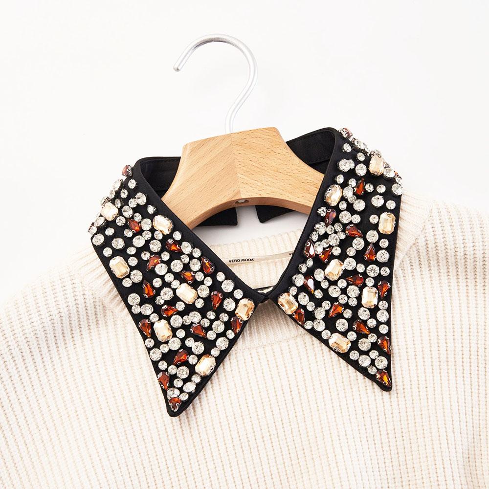 Punk Color Beaded Detachable Faux Collar for Women Neckline with Crystal Rhinestone Sewing  European Fashion Pointed Collar