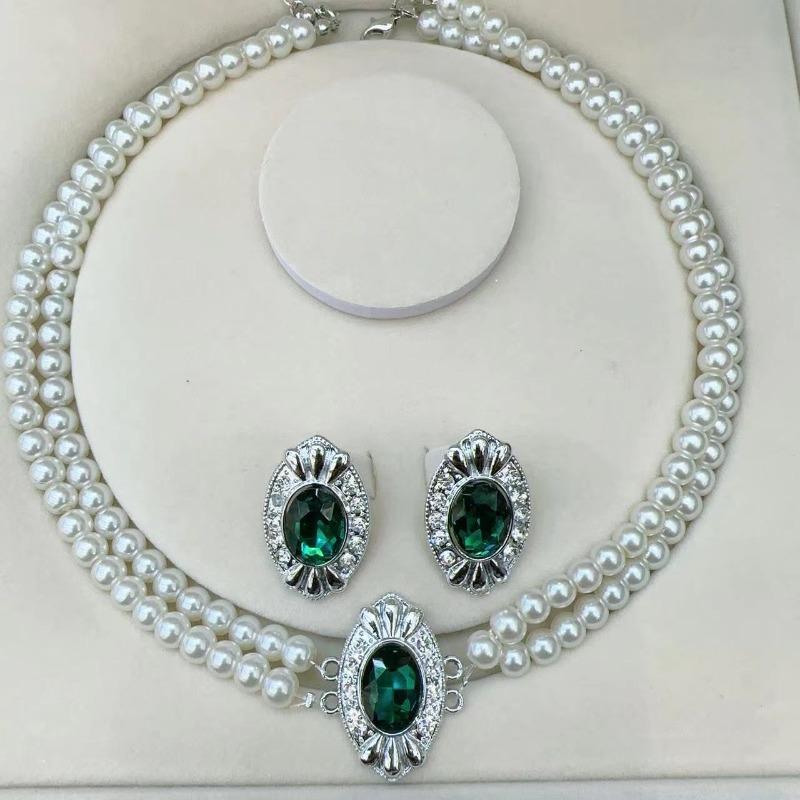 Ретро Многослойное Ожерелье с Имитацией Жемчуга - Роскошное Ожерелье с Зелеными Стразами зелёный