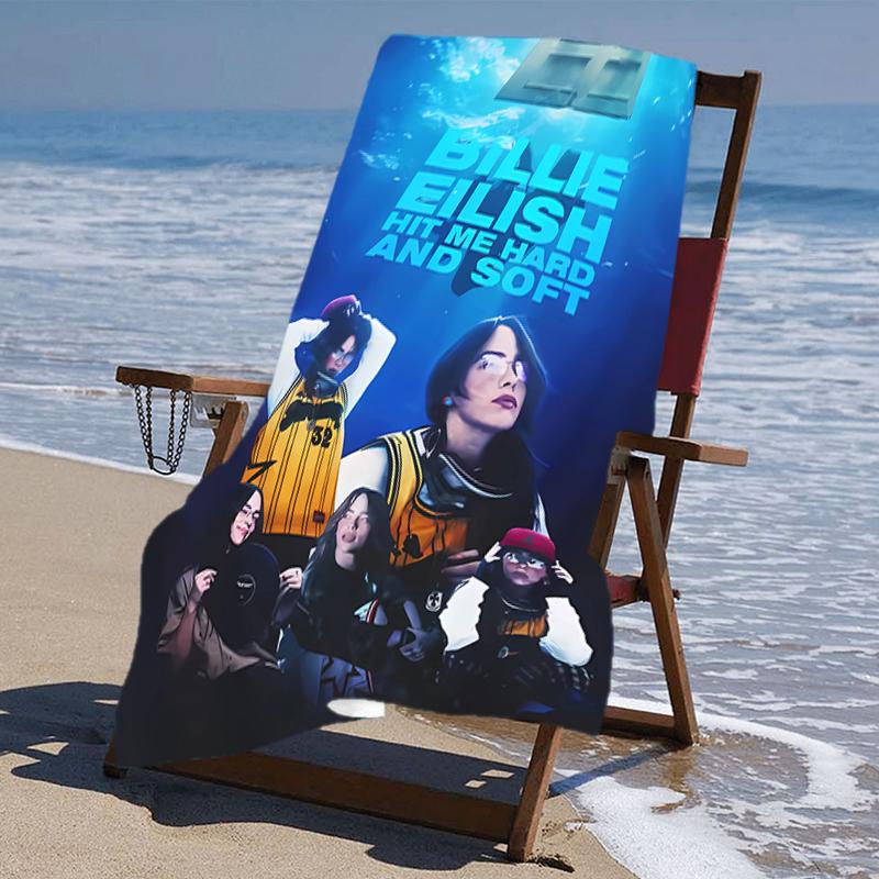 proof beach towel with a singer Billie Eilish1 pattern - soft,absorbent,quick-drying,machine washable - perfect for swimming,camping,bathing