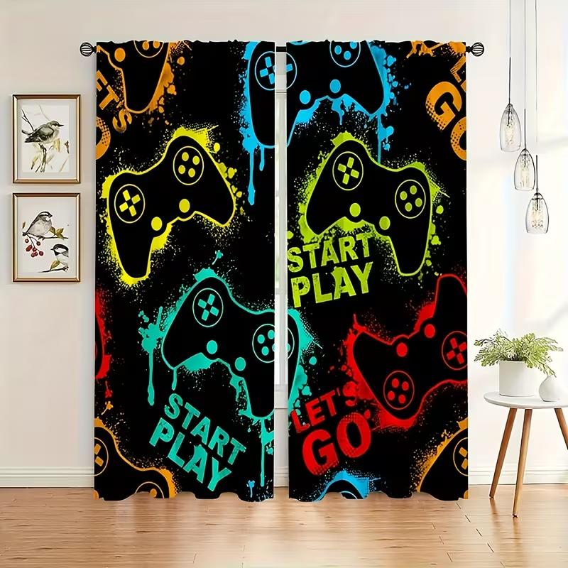 2pcs Colorful Game Controller Patterned Curtains, Design for Living Room Bedroom Window Decoration, Rod Pocket Curtains