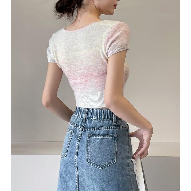 2025 Couleur Dégradée Col Carré Manches Courtes Style Européen et Américain Vêtements pour Femmes Nouveau Style Ventre Découvert T-shirt Top Tendance