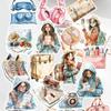 18Pcs DIY Cute Watercolor Traveling Girl Stickers Hand-Drawn Paris Daily Life, Planner, Journal Decoration Cute Stationery