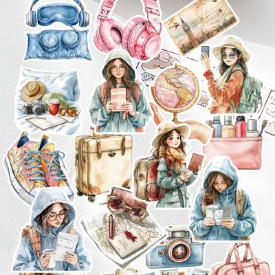 18Pcs DIY Cute Watercolor Traveling Girl Stickers Hand-Drawn Paris Daily Life, Planner, Journal Decoration Cute Stationery
