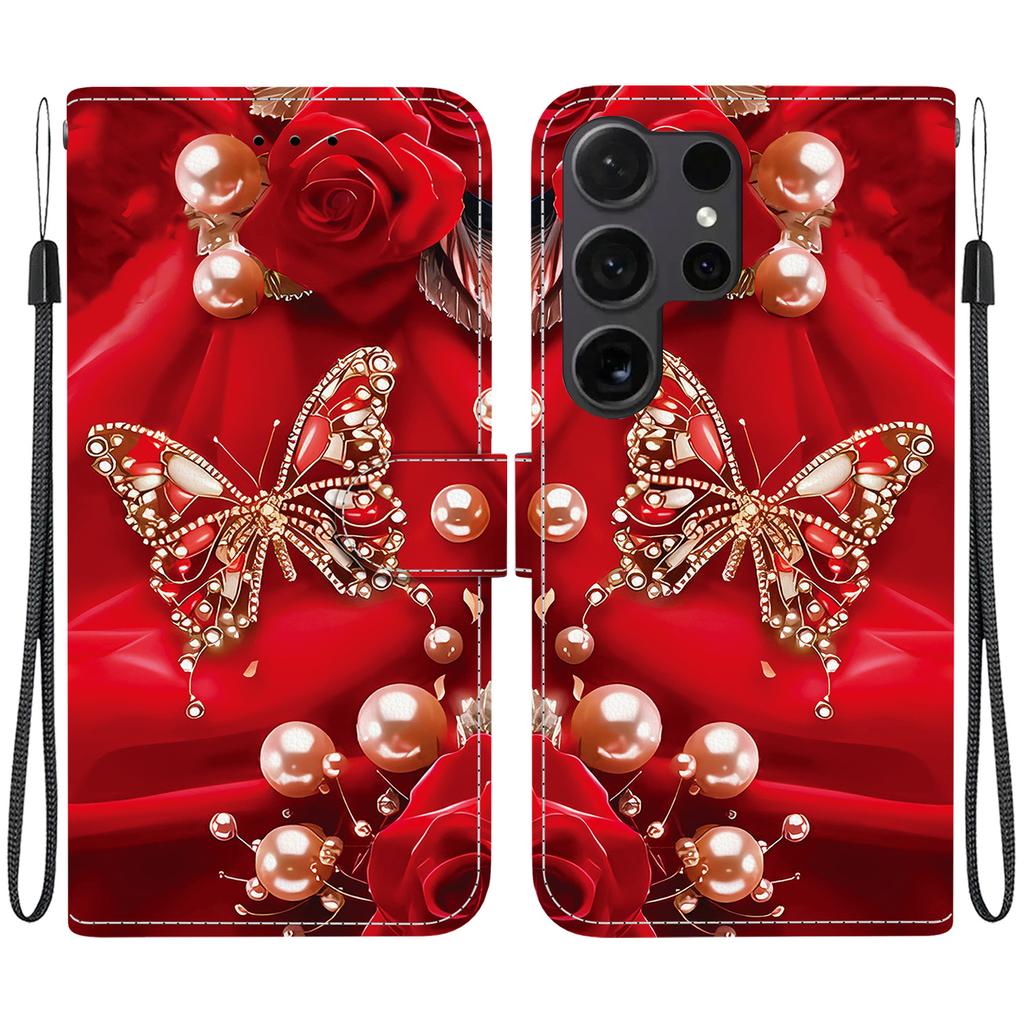 Handmade PU Leather Flip Case for Samsung Galaxy S22 Ultra (SM-S908B) Anti-Slip Shockproof Cover with Wrist Strap & Heart/Rose Cat Designs